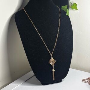 ✨ Gold Tone Geometric Spiral Pendant Necklace w/ Crystals & Drop Charm ✨